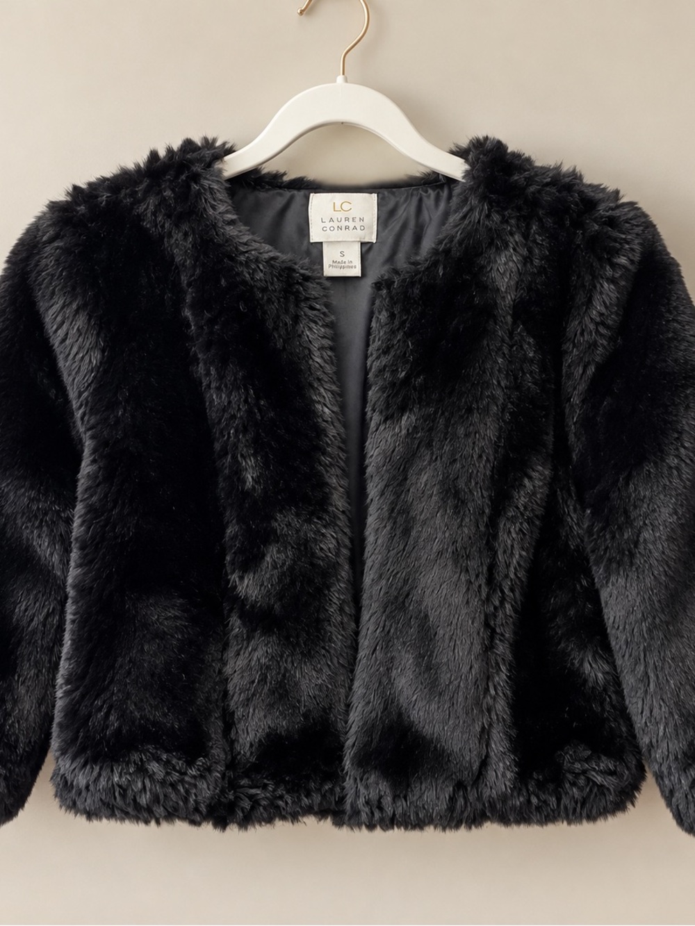 LC Lauren Conrad Black Faux Fur Cropped Jacket Size Small